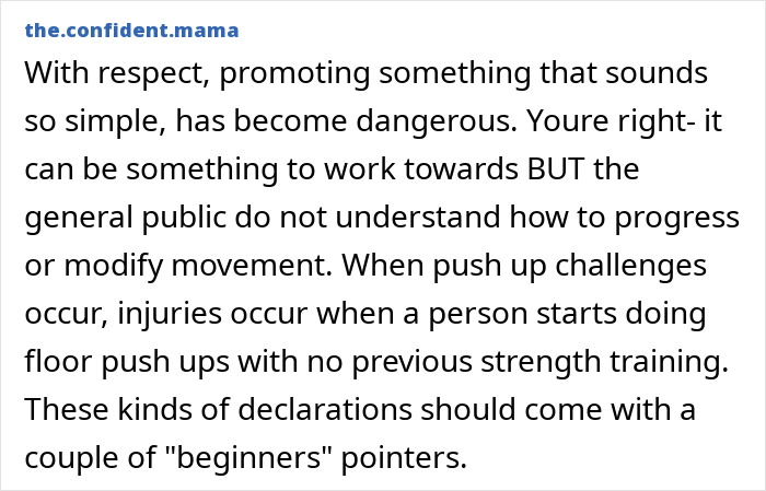Comment from the confident.mama discussing risks and safety tips for the doctor reveal 11 push-ups challenge for women.