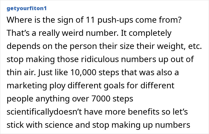 Comment discussing skepticism about the 11 push-ups challenge and its scientific basis for health benefits.