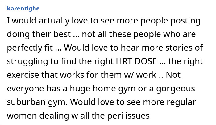 Comment about women sharing struggles with finding the right HRT dose and exercises in the push-ups challenge.