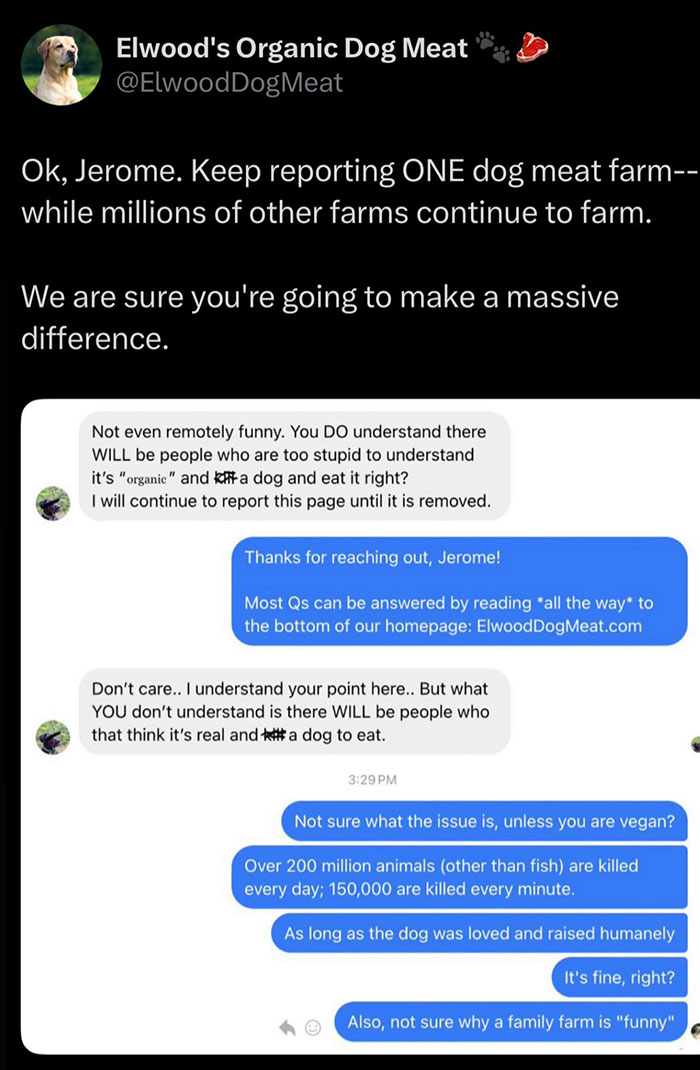 Screenshot of a social media exchange discussing a dog meat farm and violent threats received by the owner after going viral. - 5