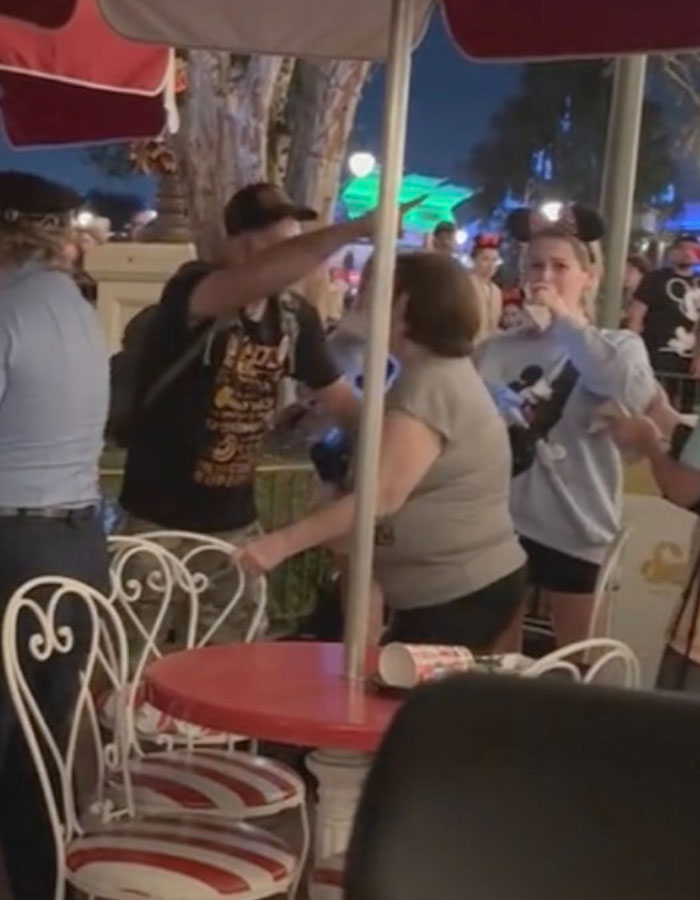 Crowd watches tense moment during violent Disney World incident revealing victim as culprit's mother.