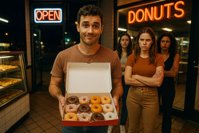 Man holding a box of donuts inside a shop with three angry women, hinting at parking spot revenge instead of donuts.