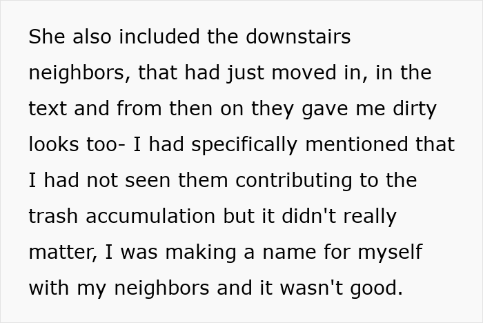 Text excerpt describing a woman’s negative experience with neighbors after mentioning trash issues, highlighting neighbor conflict.