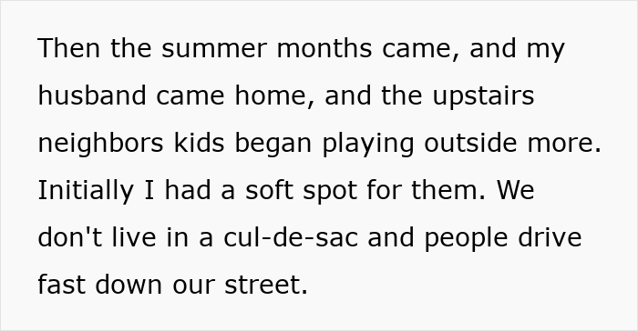 Text describing neighbors fighting over driveway as children play outside on a street with cars driving fast nearby.