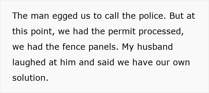 Text excerpt from a neighbor dispute over a driveway, involving permits, fence panels, and a homeowner’s response.