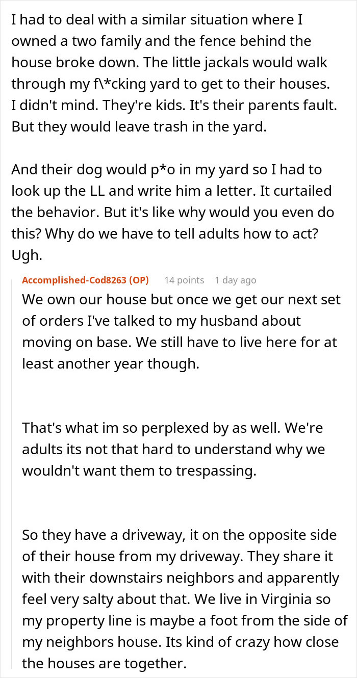 Text post describing a neighbor conflict over driveway trespassing and property boundaries in a residential area.