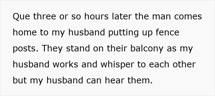 Text excerpt describing neighbors arguing as a man installs fence posts while a couple observes from their balcony during a driveway dispute.