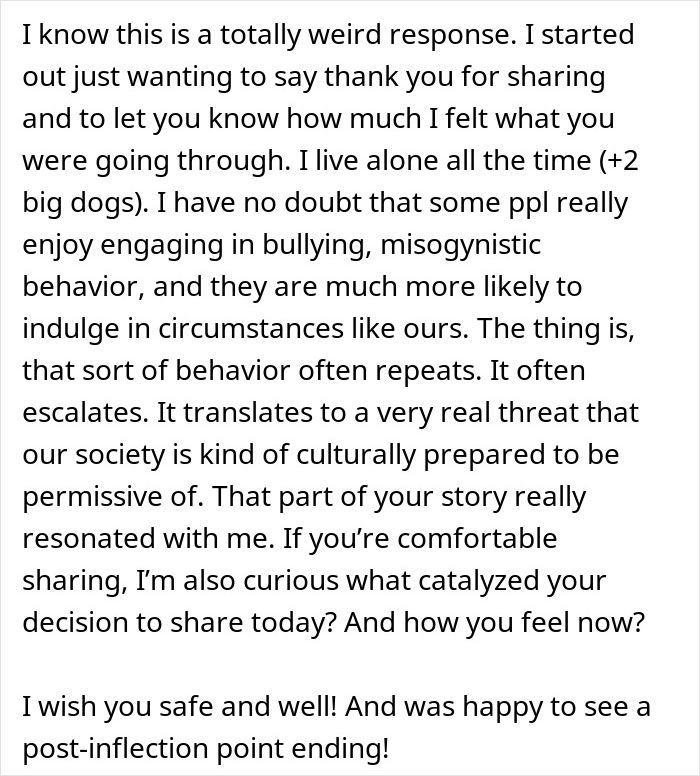 Text excerpt discussing emotional response to bullying and misogynistic behavior relevant to neighbors fight over driveway dispute.