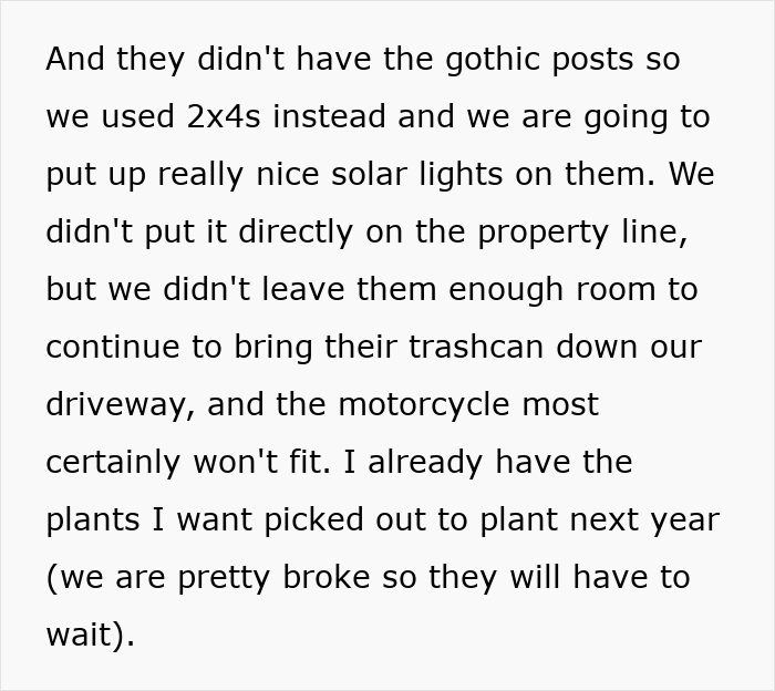 Text about neighbors fighting over driveway and woman taking what belongs to her during a property dispute.