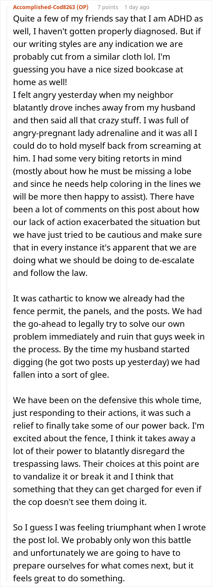 Text from a woman describing a neighbors fight over driveway and taking what belongs to her in a tense dispute.