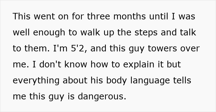 Text excerpt describing a three-month neighbor dispute over a driveway, emphasizing body language indicating danger.