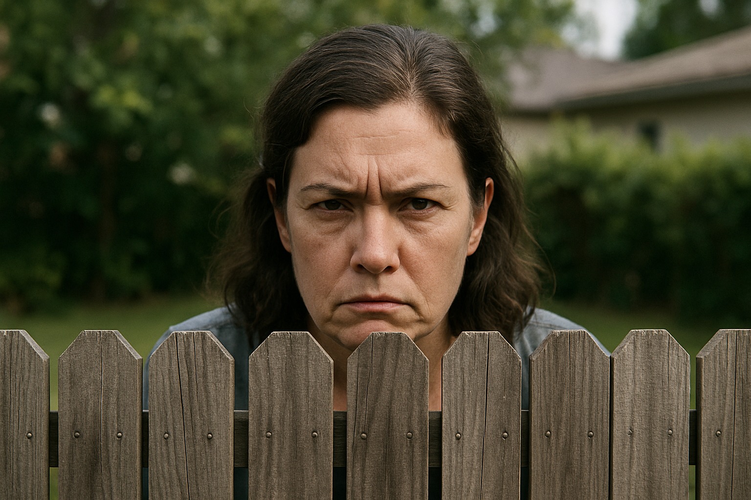 Homeowner standing behind wooden fence with a serious face, blocking entitled neighbor&rsquo;s request to move fence for view