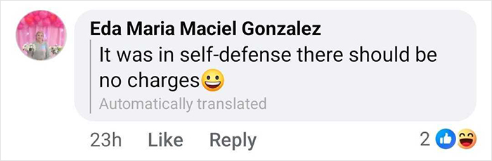 Comment by Eda Maria Maciel Gonzalez stating self-defense should prevent charges, supporting celebrity duck Free Juan.