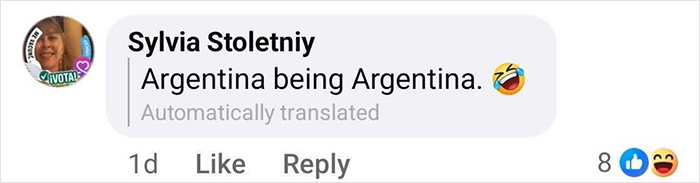 Comment by Sylvia Stoletniy saying Argentina being Argentina with a laughing emoji in a social media post.