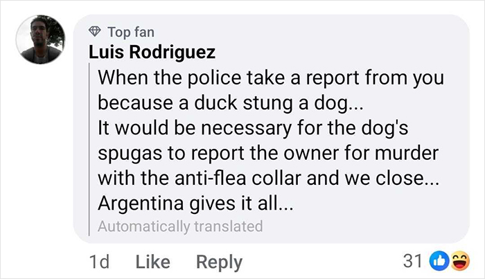 Comment discussing police report after duck stings dog, highlighting public support for celebrity duck Free Juan's legal case.