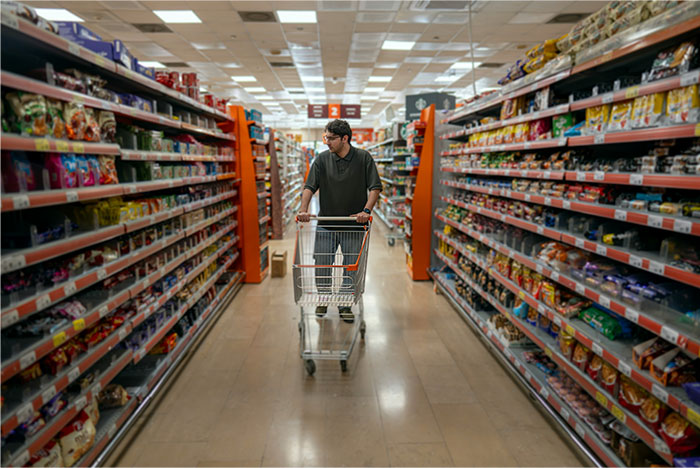 Man pushing shopping cart in grocery store aisle filled with snacks, illustrating bizarre reasons for divorce.