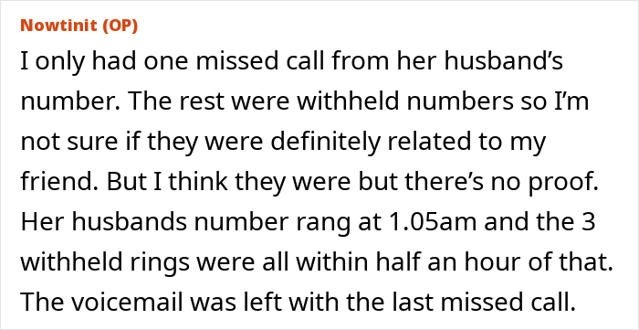 Alt text: Text excerpt about a woman missing calls and sending a malicious voicemail related to a friend&rsquo;s wedding situation.