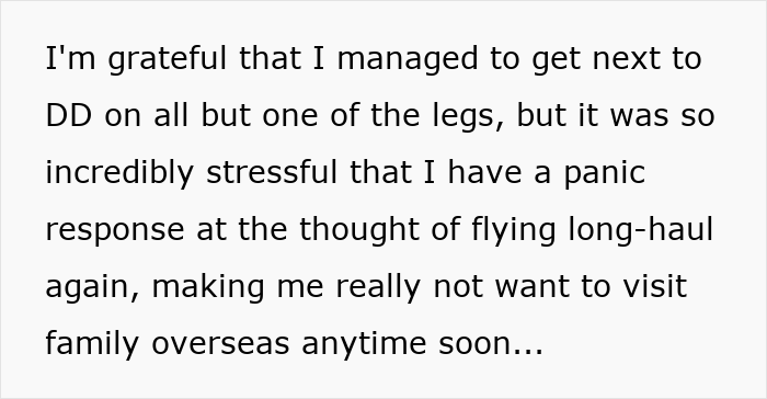 Text excerpt discussing stress from a six-leg flight with a kid and a mom venting about the experience online.