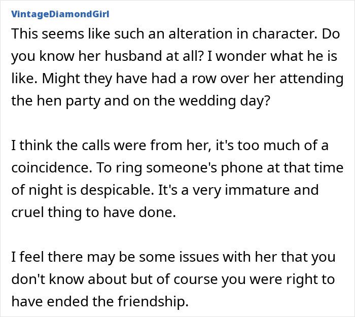 Alt text: Text discussing a woman turning flaky and sending a malicious voicemail after missing her friend's wedding.