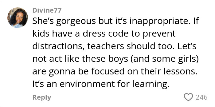 Alt text: Online comment sparking debate about teacher showing off too many curves and dress code for back-to-school distractions.