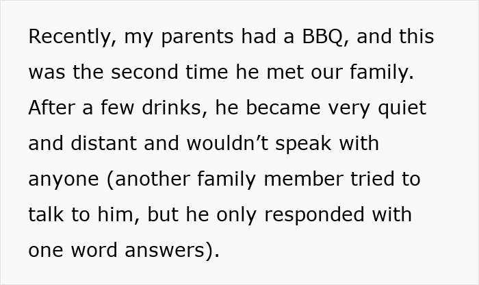 Text excerpt about sister's boyfriend acting fake and distant during family BBQ, raising doubts about his authenticity. - 9