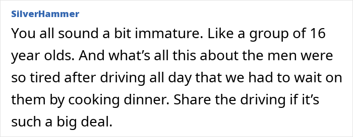 Comment on a forum expressing frustration about a woman regretting a trip with friend and husband after plans get ruined and tensions boil.