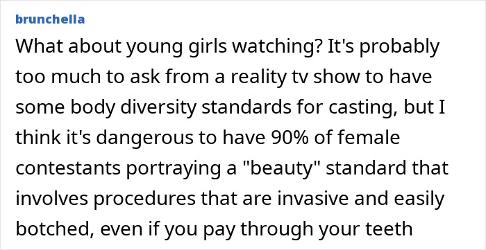 Screenshot of a social media comment expressing concern about Love Island face trend and invasive plastic surgery procedures.