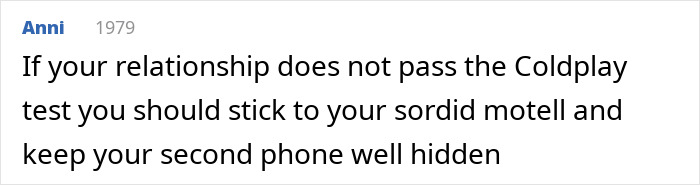 Text comment about Coldplay test and relationships, referencing Chris Martin cheating scandal controversy in a casual tone.