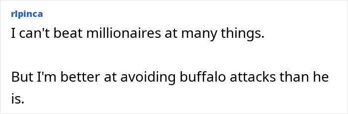 Text post discussing millionaires and avoiding buffalo attacks, referencing a millionaire trophy hunter incident on safari.