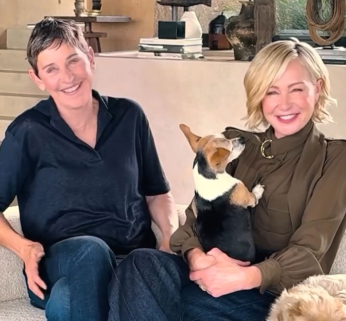 Ellen DeGeneres smiling with a woman holding a dog, amid renewed bullying controversy from former staff claims. Ellen DeGeneres smiling with a woman holding a dog, amid renewed bullying controversy from former staff claims.
