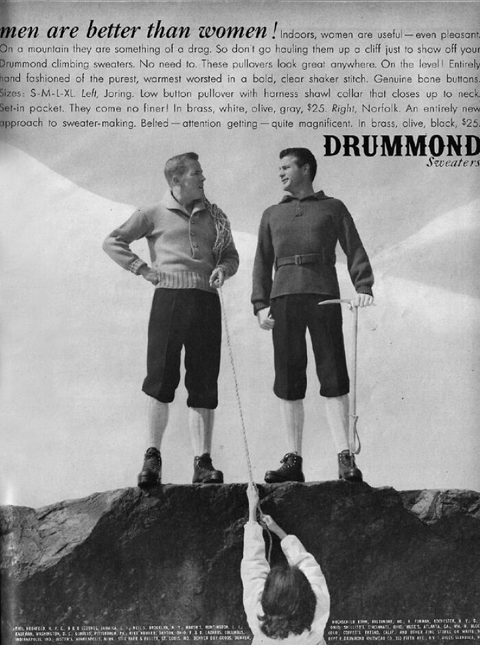 Vintage advertisement showing men in hiking sweaters with climbing gear and a woman climbing a cliff, showcasing vintage advertisements.