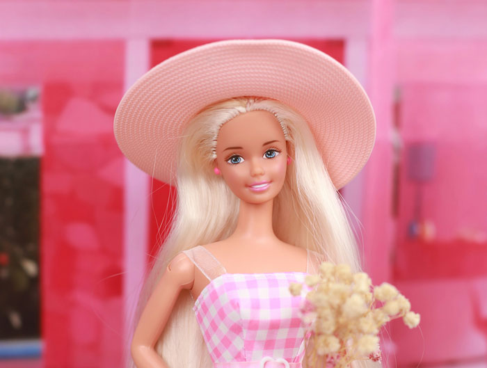 Collector doll with long blonde hair and pink hat, posed in front of a bright pink background holding dried flowers. - 9