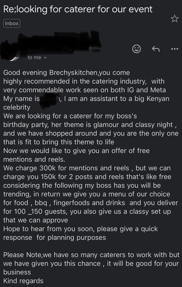 Email screenshot showing poor etiquette with a caterer offering barter deals and unclear communication in a professional request.