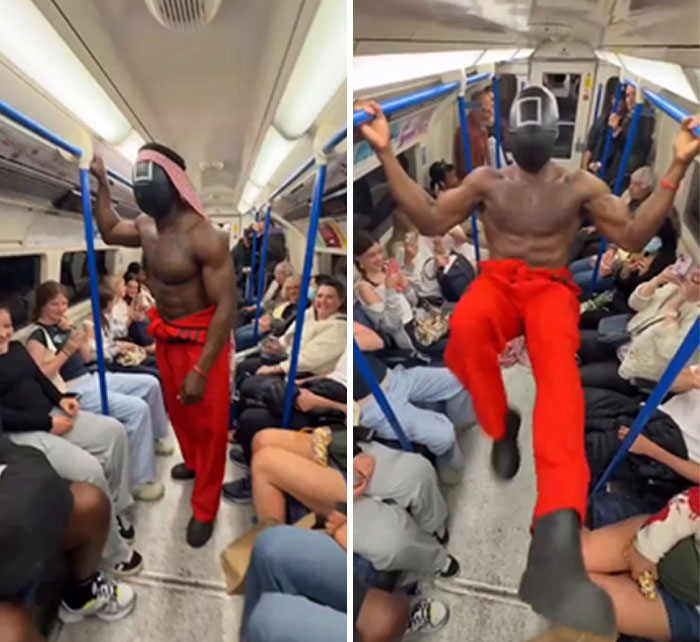 Man wearing a helmet and red pants standing and climbing on poles inside a crowded subway, ignoring rules and etiquette.