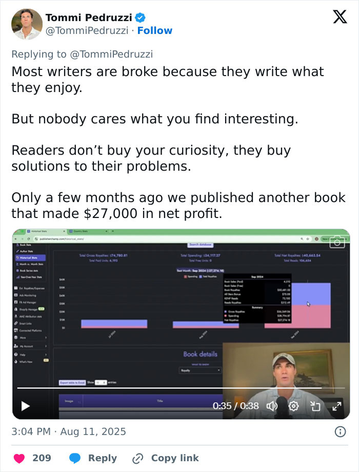 Entrepreneur discussing AI book publishing profits with charts showing $27,000 net profit and key insights on book sales.