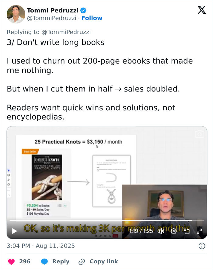 Screenshot of a tweet discussing AI publishing tips, book sales, and entrepreneurial strategies for making passive income.