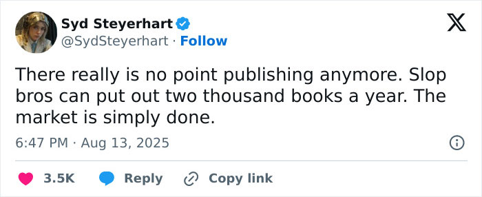 Screenshot of a tweet discussing the oversaturation of book publishing with AI by entrepreneurs making millions.