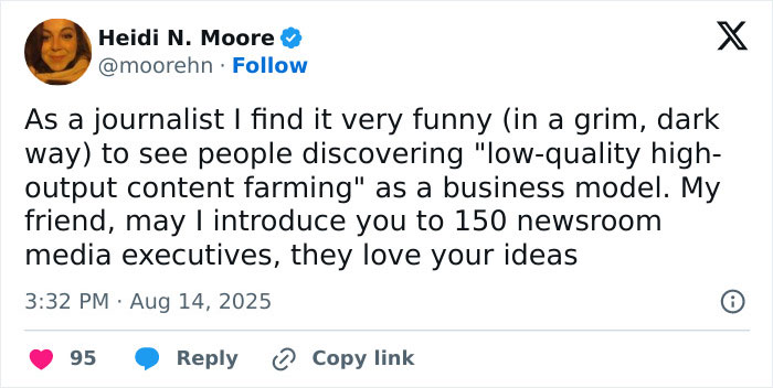 Tweet by Heidi N. Moore discussing AI content farming and media executives reacting to the $3M AI book publishing entrepreneur.