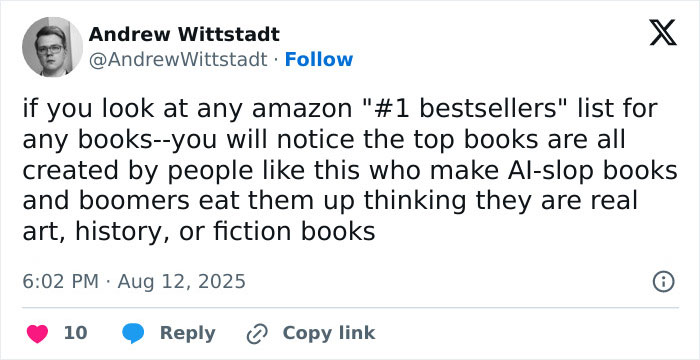 Screenshot of a tweet discussing AI-created books dominating Amazon bestseller lists, relating to AI book publishing success.
