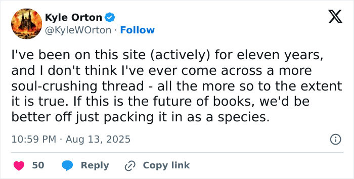 Screenshot of a tweet criticizing the future of books amid a 27YO entrepreneur using AI to publish and profit.