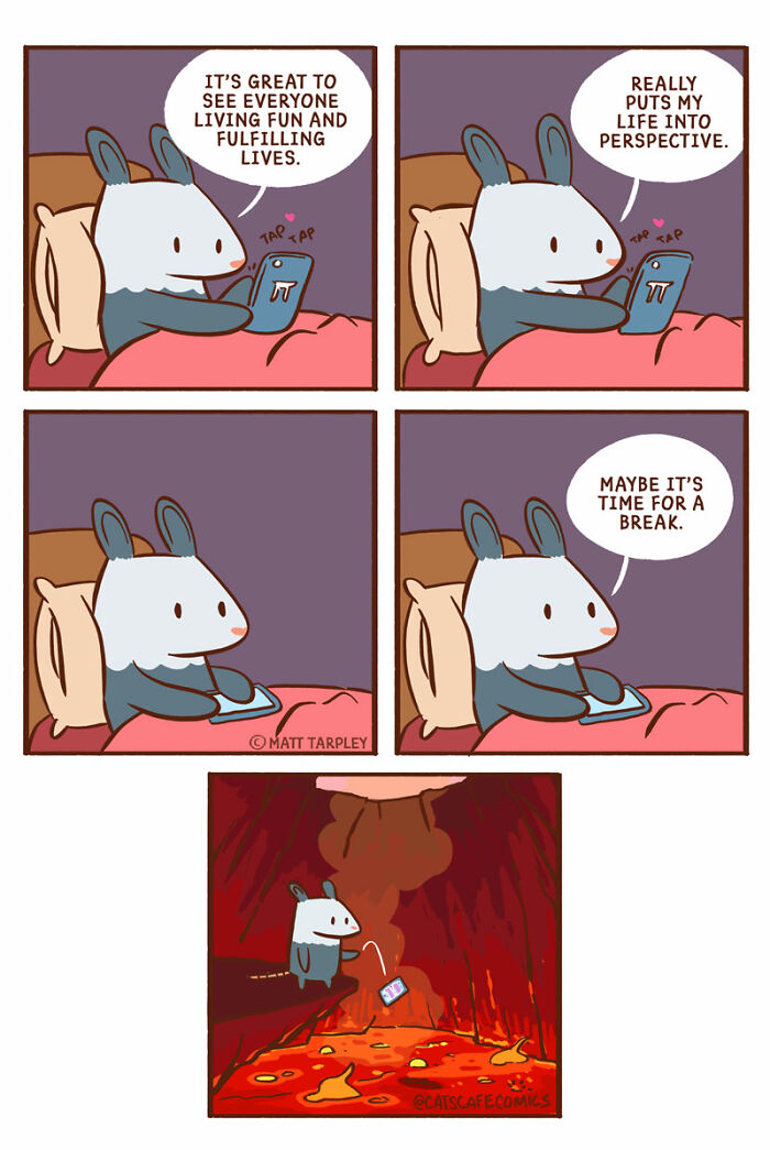 Comic strip of an animal character reflecting on life and deciding to take a break, featured in animal comics.