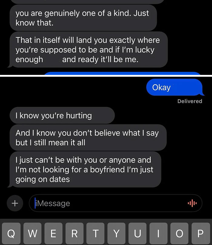 Text message exchange showing a woman expressing emotional confusion, illustrating delusional behavior in relationships.