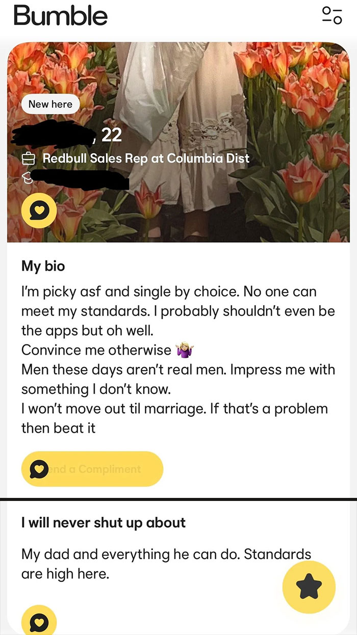 Dating profile of a woman with delusional behavior described in bio on Bumble surrounded by orange tulips background.