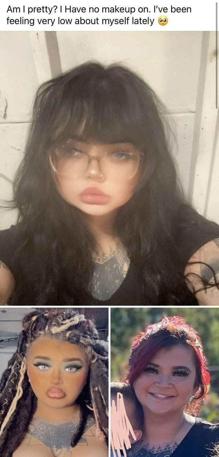 Comparison of Instagram vs reality photos showing how out of touch some people are with appearance and makeup effects.