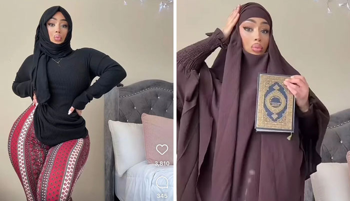 Woman in hijab showing Instagram vs reality with exaggerated hips and holding a book in a modest outfit in a bedroom setting