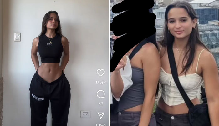 Comparison of Instagram vs reality showing a woman posing confidently indoors and casually outdoors with friends.