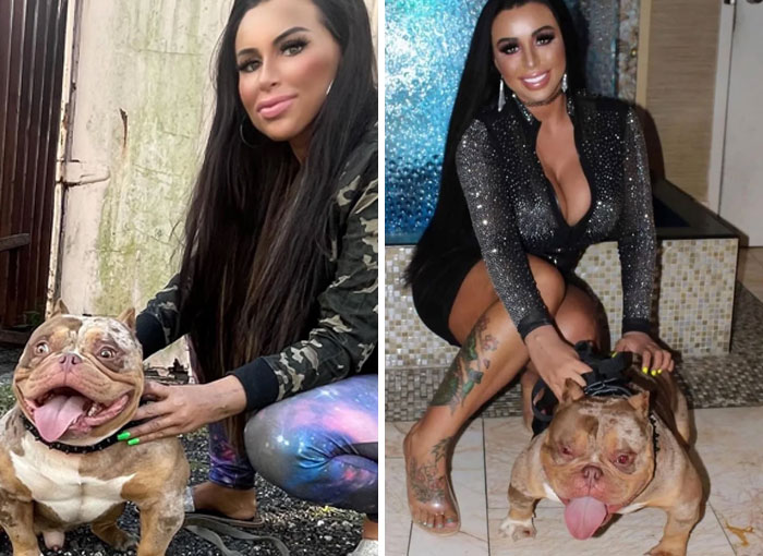 Woman posing with bulldog in casual outfit versus glamorous outfit, highlighting Instagram vs reality pics comparison.