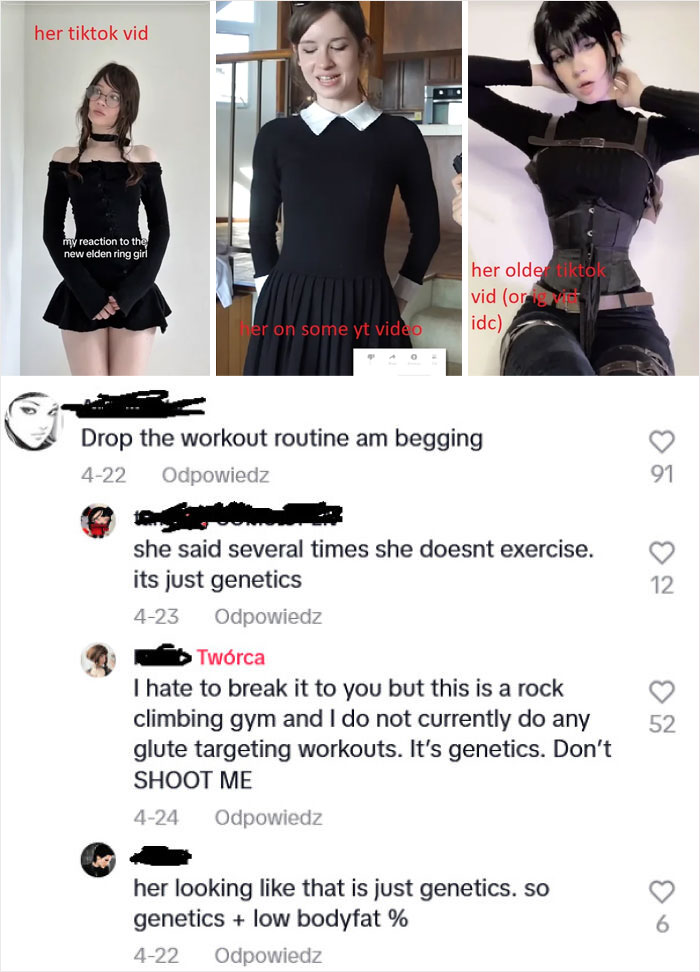 Comparison of Instagram vs reality photos with user comments discussing genetics and workout misconceptions.