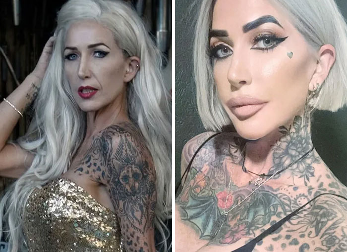 Side-by-side Instagram vs reality pics of a tattooed woman with platinum blonde hair and dramatic makeup.
