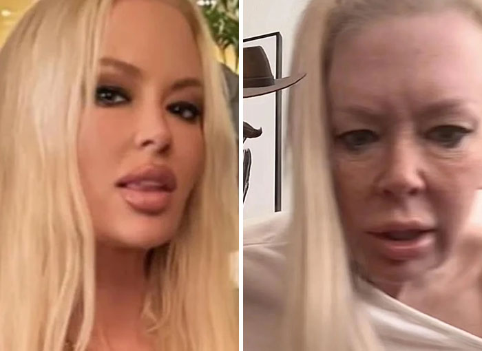 Side-by-side Instagram vs reality pics of a woman showing contrast between polished and natural appearances.